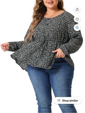 Plus Size Black Floral Peplum Long-Sleeve Blouse